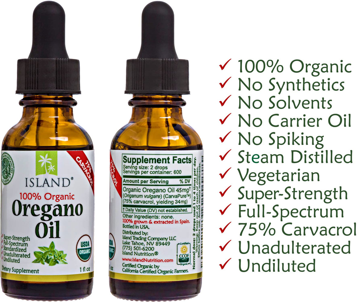 Island Nutrition, Oregano Oil Organic Liquid Drops - 100% Pure & Undiluted - USDA-Certified Organic (1 oz) 75% Carvacrol Island Nutrition