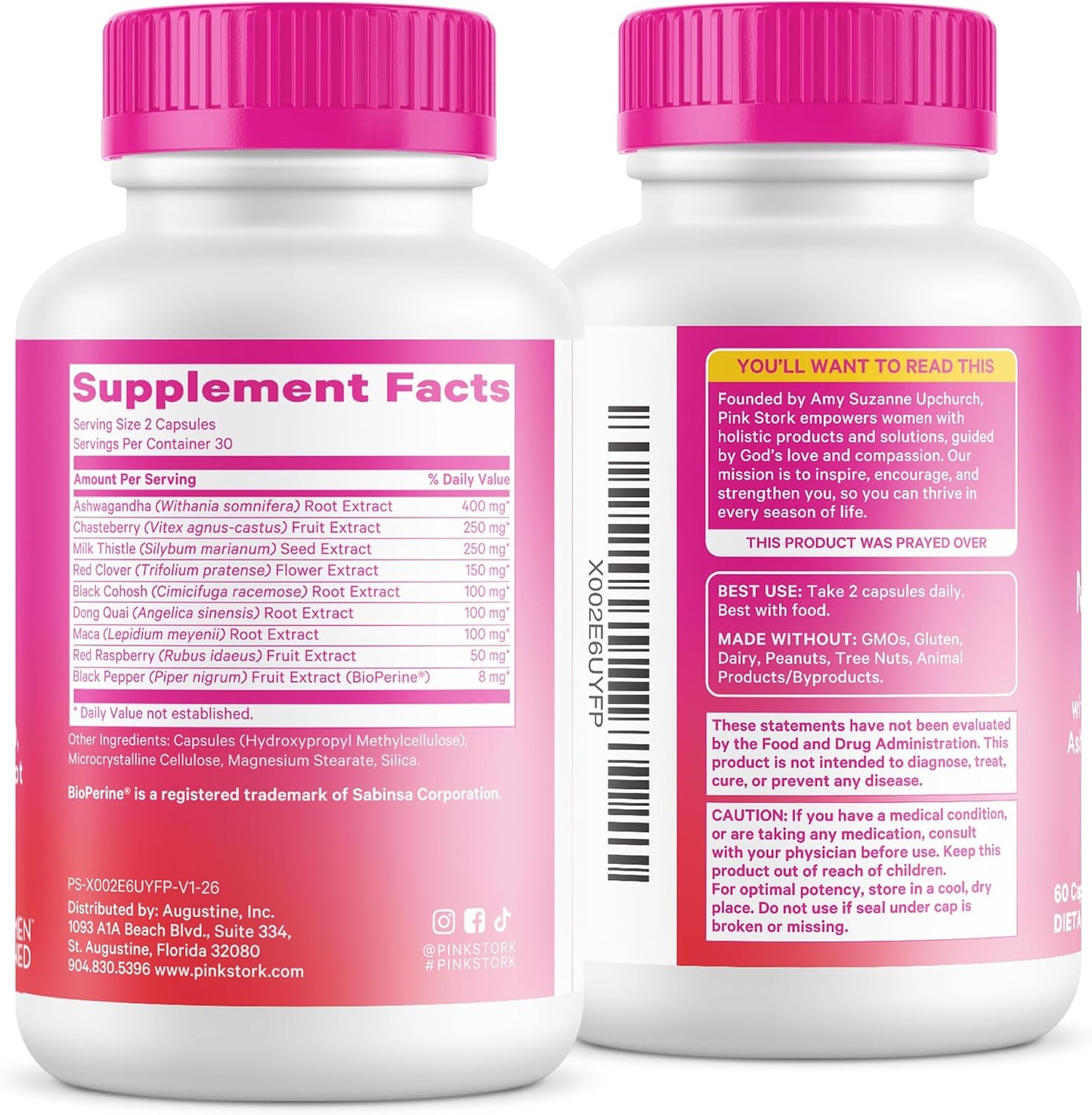 Pink Stork Menopause Support for Women, 60 Capsules | Hot Flash, Mood, Sleep, Weight, Cortisol & Hormonal Balance, Vegan, Estrogen-Free Perimenopause Support, Ashwagandha + Maca