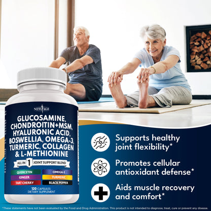 Glucosamine Chondroitin, MSM, Turmeric Curcumin, Collagen, Hyaluronic Acid, Omega 3 – Health Supplement for Men & Women – 240 Count NEW AGE