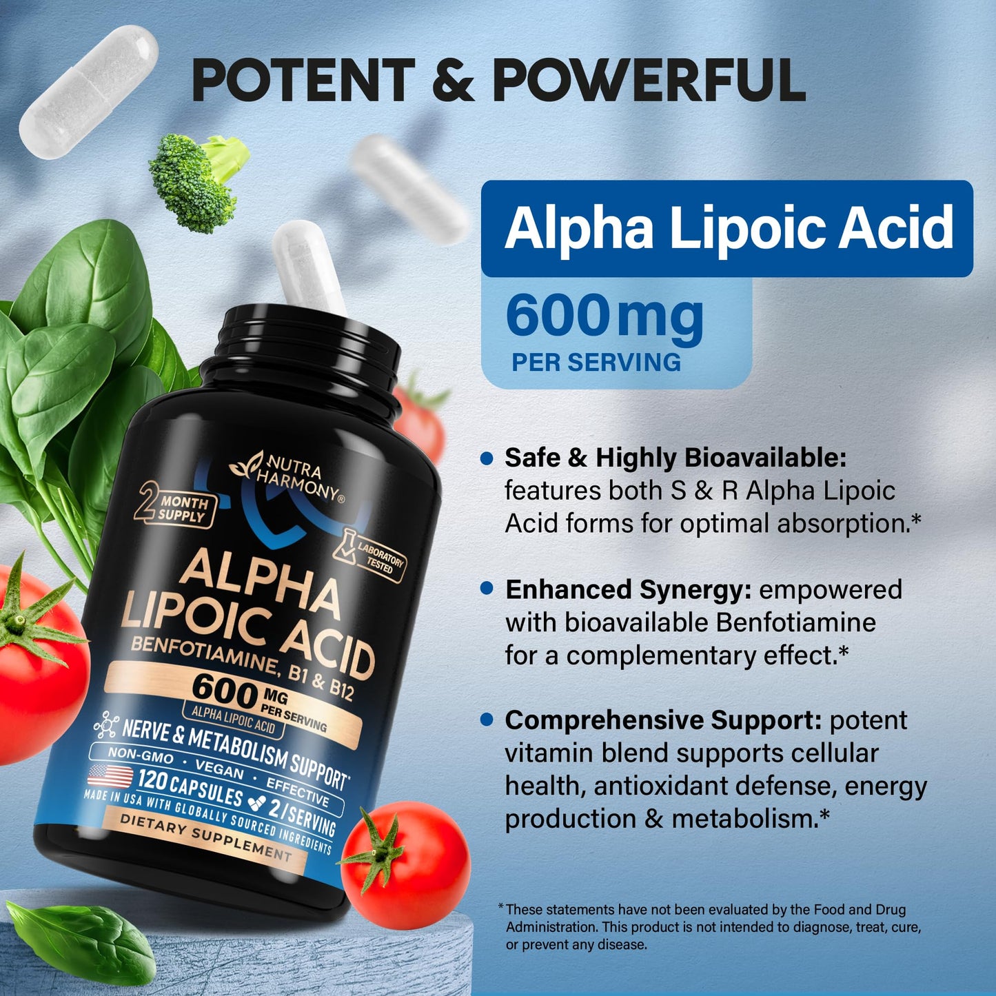 Alpha Lipoic Acid 600mg - ALA Supplement Antioxidant for Nerve, Energy & Metabolism Support - Extra Strength with Benfotiamine, B1 & B12 - Lab Tested, NON-GMO & Vegan NUTRAHARMONY