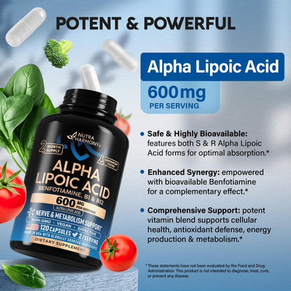 Alpha Lipoic Acid 600mg - ALA Supplement Antioxidant for Nerve, Energy & Metabolism Support - Extra Strength with Benfotiamine, B1 & B12 - Lab Tested, NON-GMO & Vegan NUTRAHARMONY