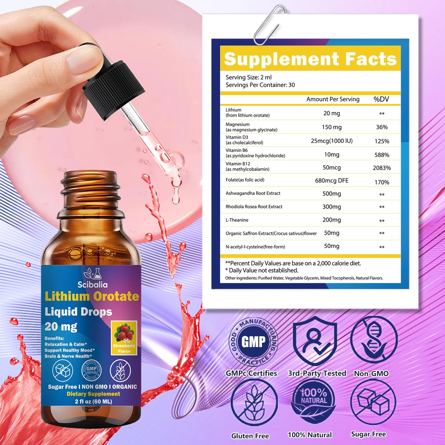 Scibalia Lithium Orotate Liquid Drops 20mg, Potency 11-in-1 Lithium Supplement w. NAC Magnesium Ashwagandha Theanine Vitamin D3 B6 B12 for Memory Brain Mood Cognitive Support, Scibalia
