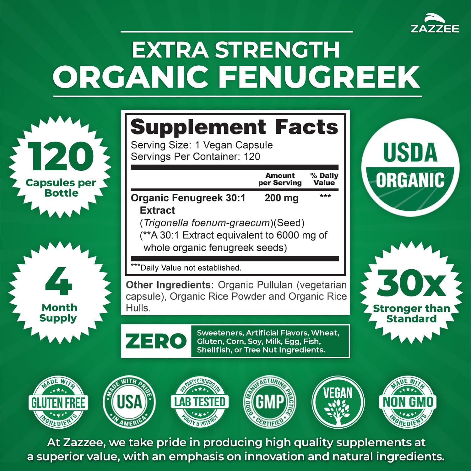 Zazzee USDA Organic Fenugreek 30:1 Extract, 120 Capsules, 4 Month Supply | Vegan, Breastfeeding & Lactation Support for Nursing Mothers, Organic Herbal Supplement, All-Natural, Non-GMO, Made in USA Gsupps Australia