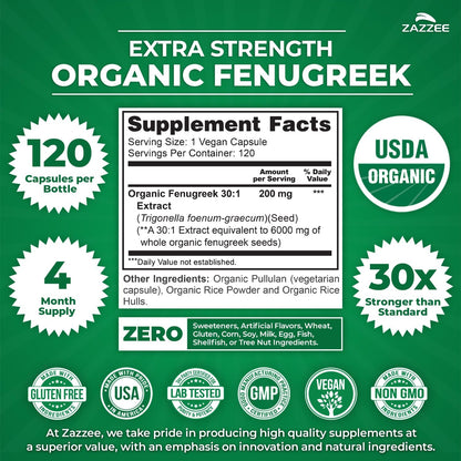 Zazzee USDA Organic Fenugreek 30:1 Extract, 120 Capsules, 4 Month Supply | Vegan, Breastfeeding & Lactation Support for Nursing Mothers, Organic Herbal Supplement, All-Natural, Non-GMO, Made in USA Gsupps Australia
