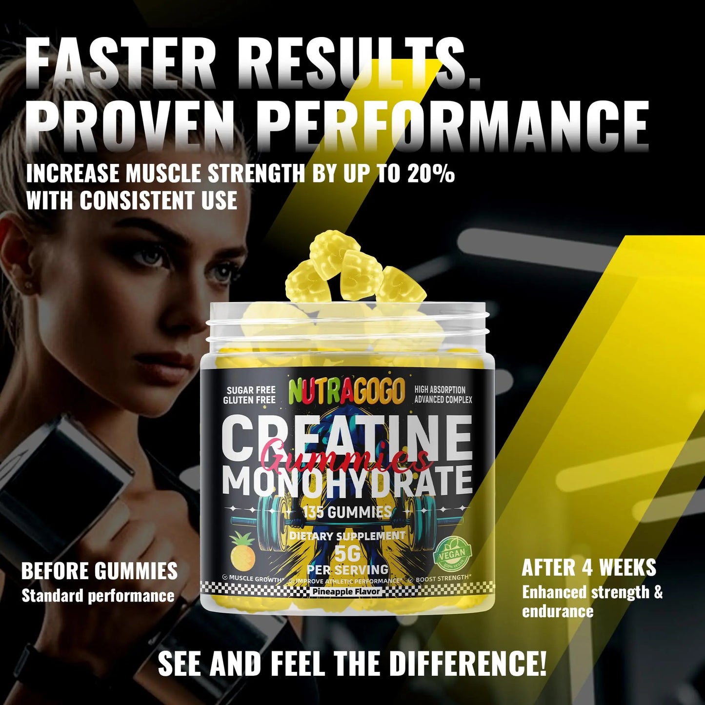 NUTRAGOGO NSF Certified Creatine Gummy - Creatine Monohydrate Gummies for Men & Women-5g of Creatine Monohydrate per Serving - Sugar Free,Vegan, Pineapple Electrolyte Chews, 135 Count NUTRAGOGO