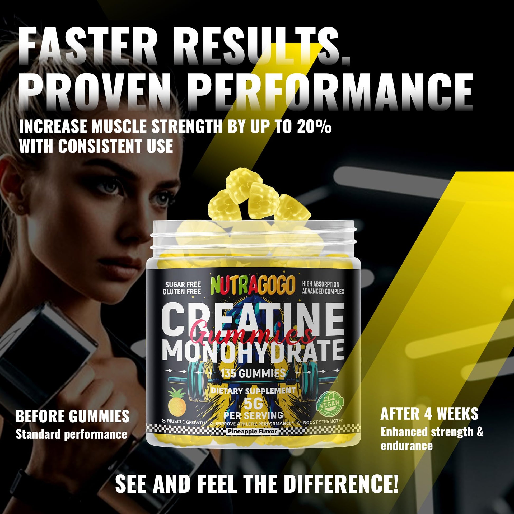 NUTRAGOGO NSF Certified Creatine Gummy - Creatine Monohydrate Gummies for Men & Women-5g of Creatine Monohydrate per Serving - Sugar Free,Vegan, Pineapple Electrolyte Chews, 135 Count NUTRAGOGO buy australia supplements