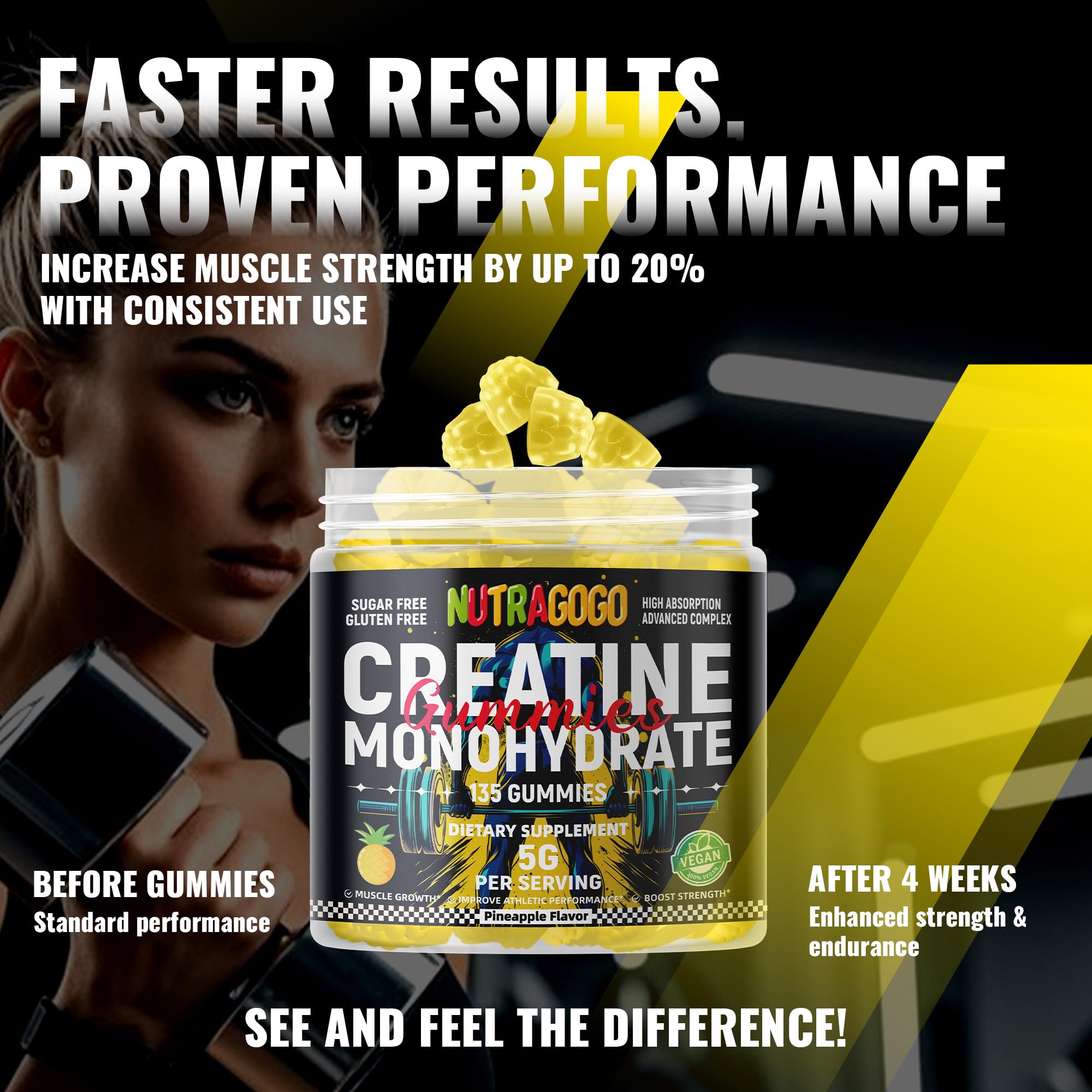 NUTRAGOGO NSF Certified Creatine Gummy - Creatine Monohydrate Gummies for Men & Women-5g of Creatine Monohydrate per Serving - Sugar Free,Vegan, Pineapple Electrolyte Chews, 135 Count NUTRAGOGO buy australia supplements