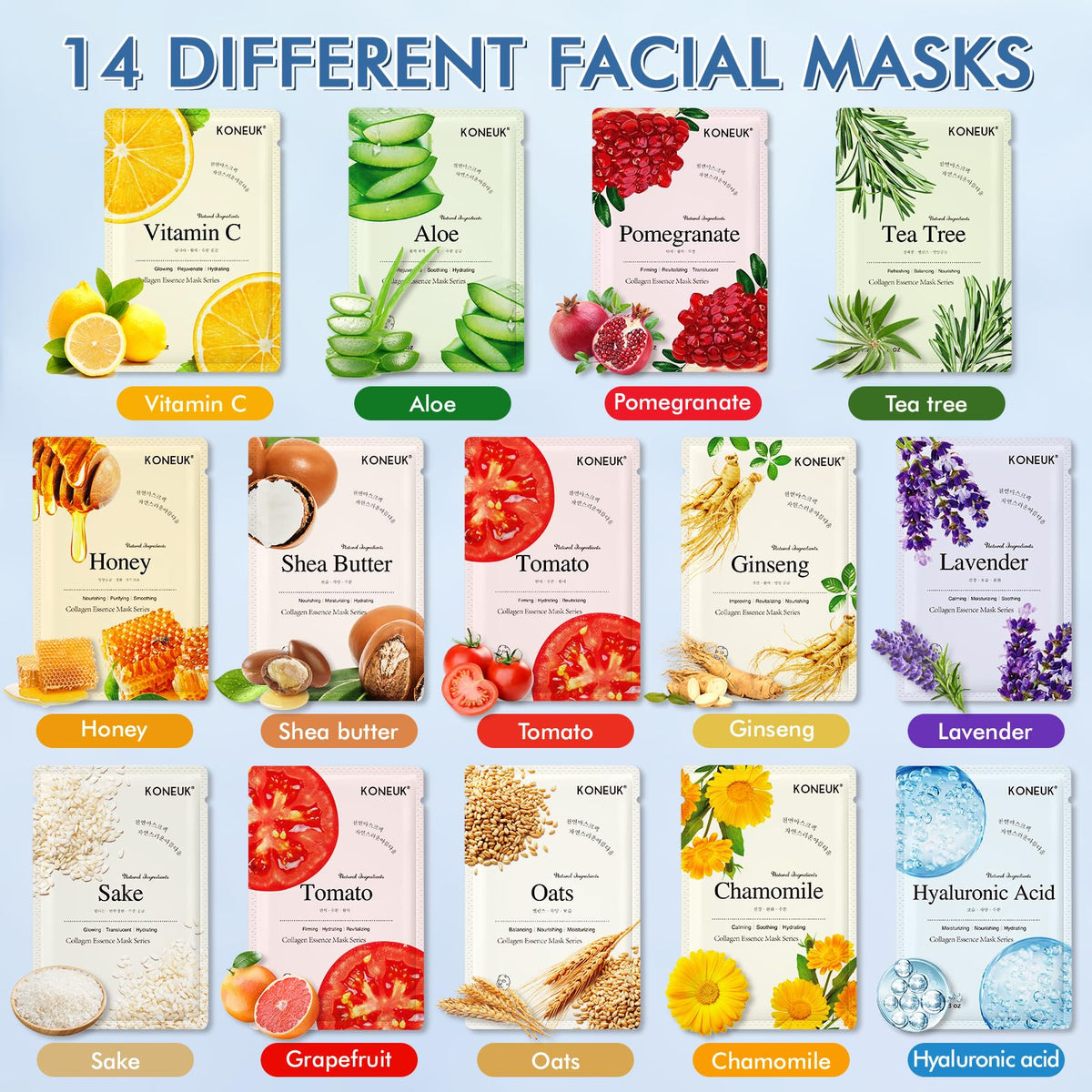 KONEUK 14 Pack Sheet Face Masks Skincare, Hydrating Face Masks for Dry Skin KONEUK