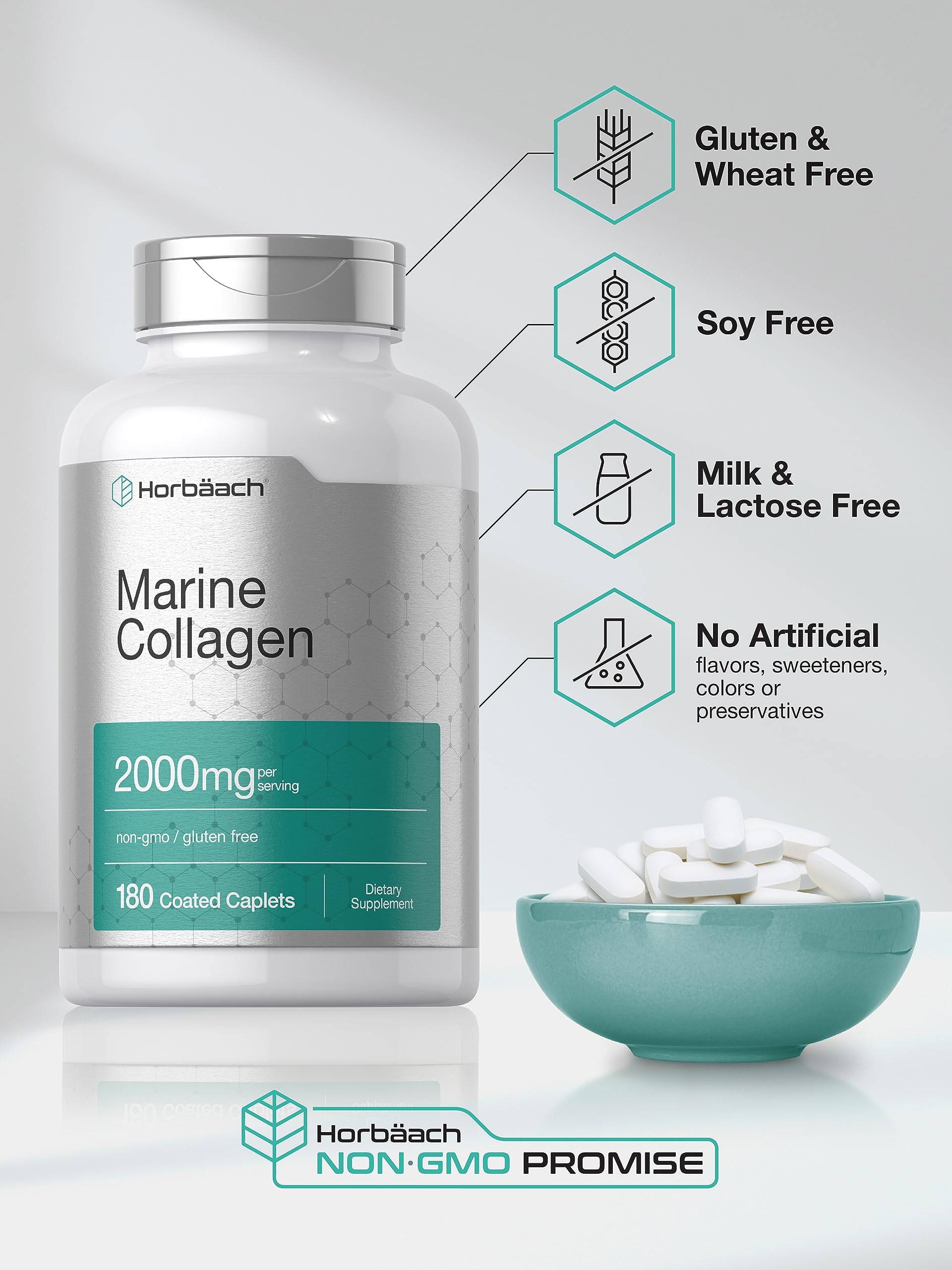 Horbäach Marine Collagen Peptides 2000mg | 180 Caplet Capsules | Type 1 with Calcium | Non-GMO, Gluten Free Supplement Horbäach buy australia supplements
