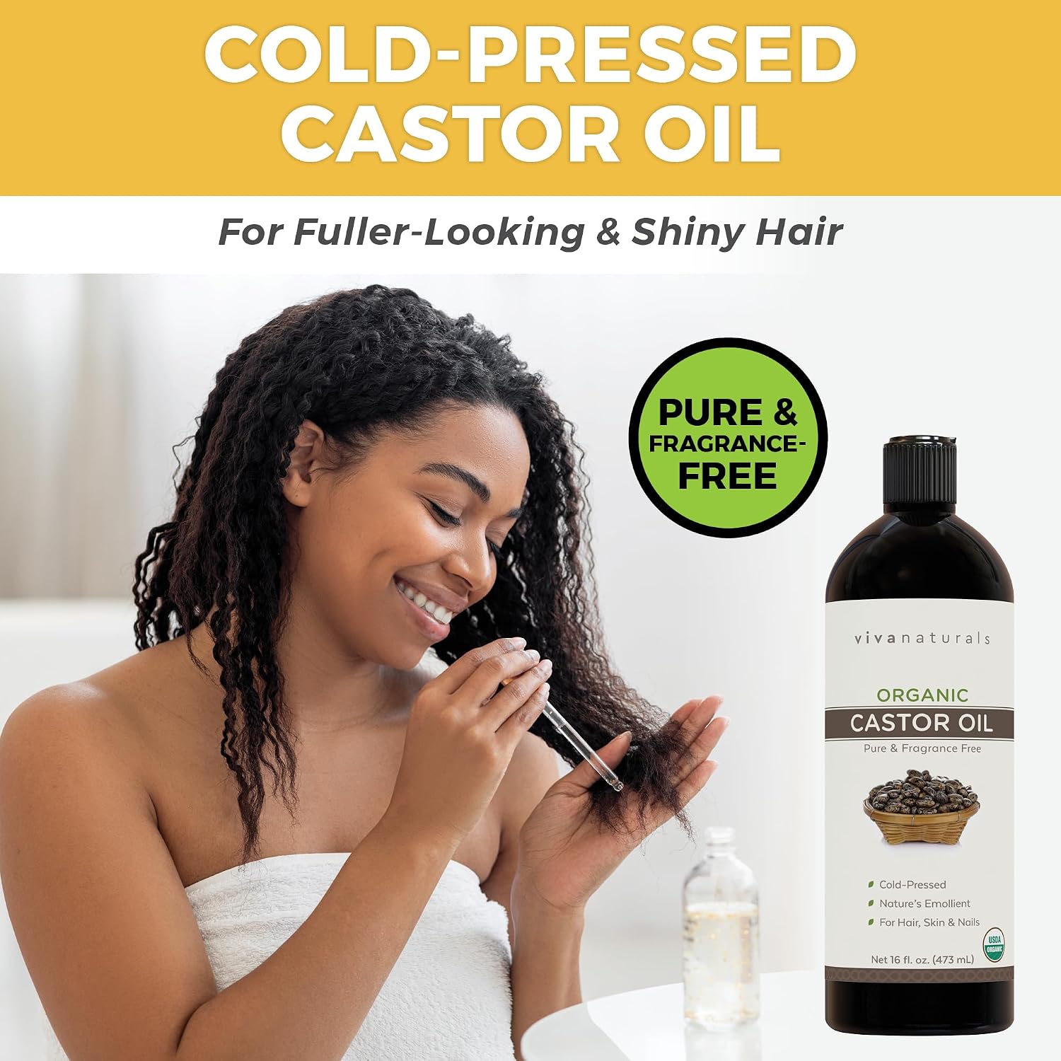 Viva Naturals Organic Castor Oil, Cold-Pressed, 16 fl oz – For Face, Hair, Eyelashes, USDA Organic, Non-GMO - With Beauty Kit Gsupps Australia