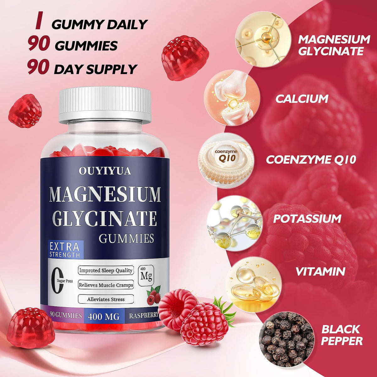 Magnesium Glycinate 400mg Gummies, Sugar Free Magnesium Gummies with Vitamins D, B6 for Sleep Support, OUYIYUA