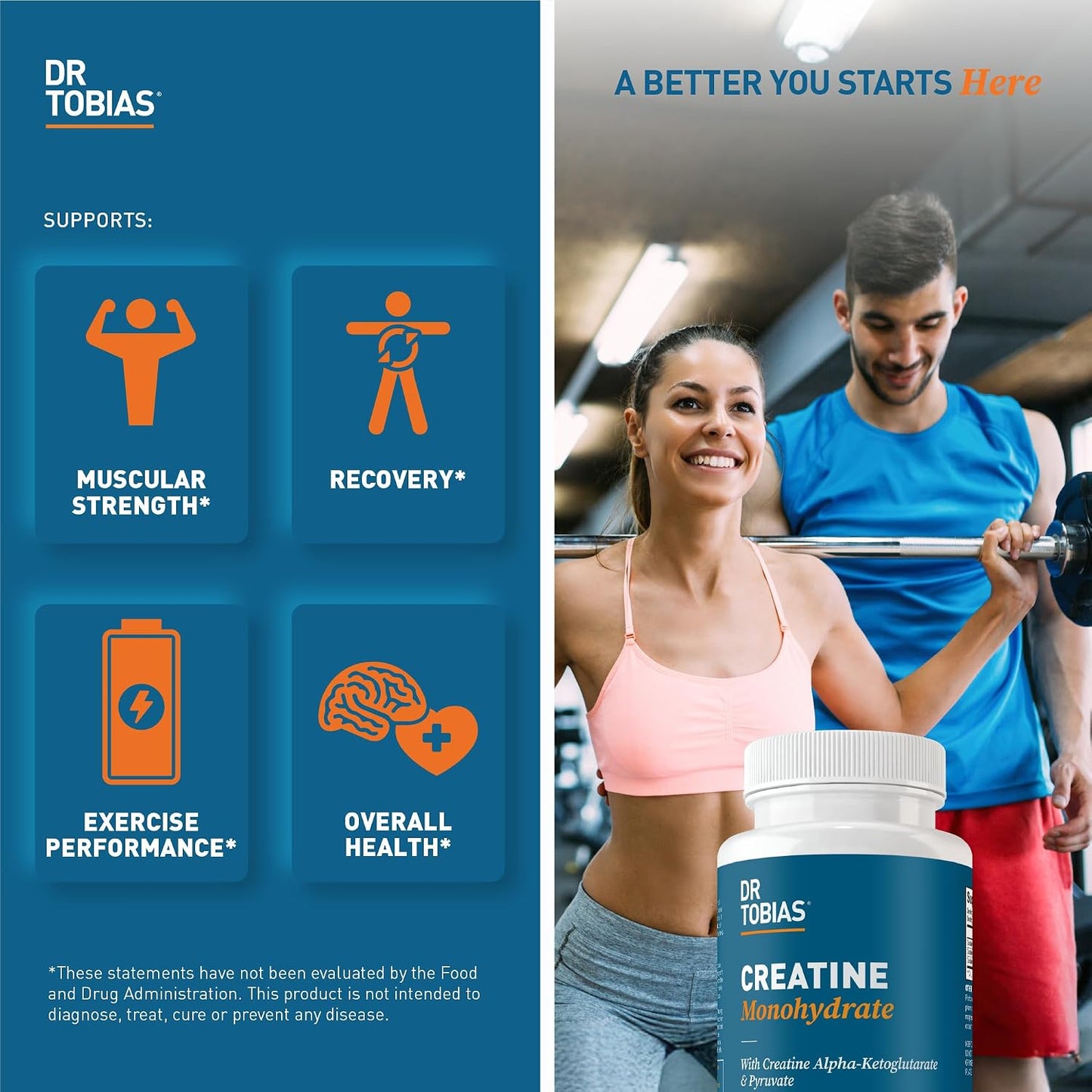 Dr. Tobias Creatine Monohydrate Pills | 5g Complex with Creatine Alpha-Ketoglutarate & Pyruvate | Muscle Strength, Energy & Recovery | 90 Tablets