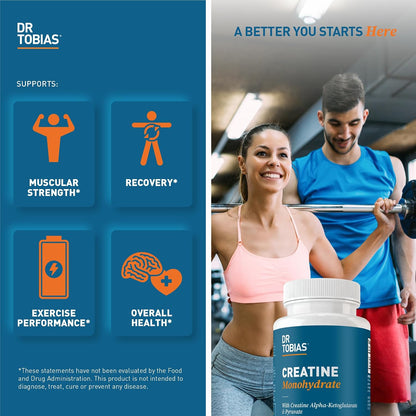 Dr. Tobias Creatine Monohydrate Pills | 5g Complex with Creatine Alpha-Ketoglutarate & Pyruvate | Muscle Strength, Energy & Recovery | 90 Tablets