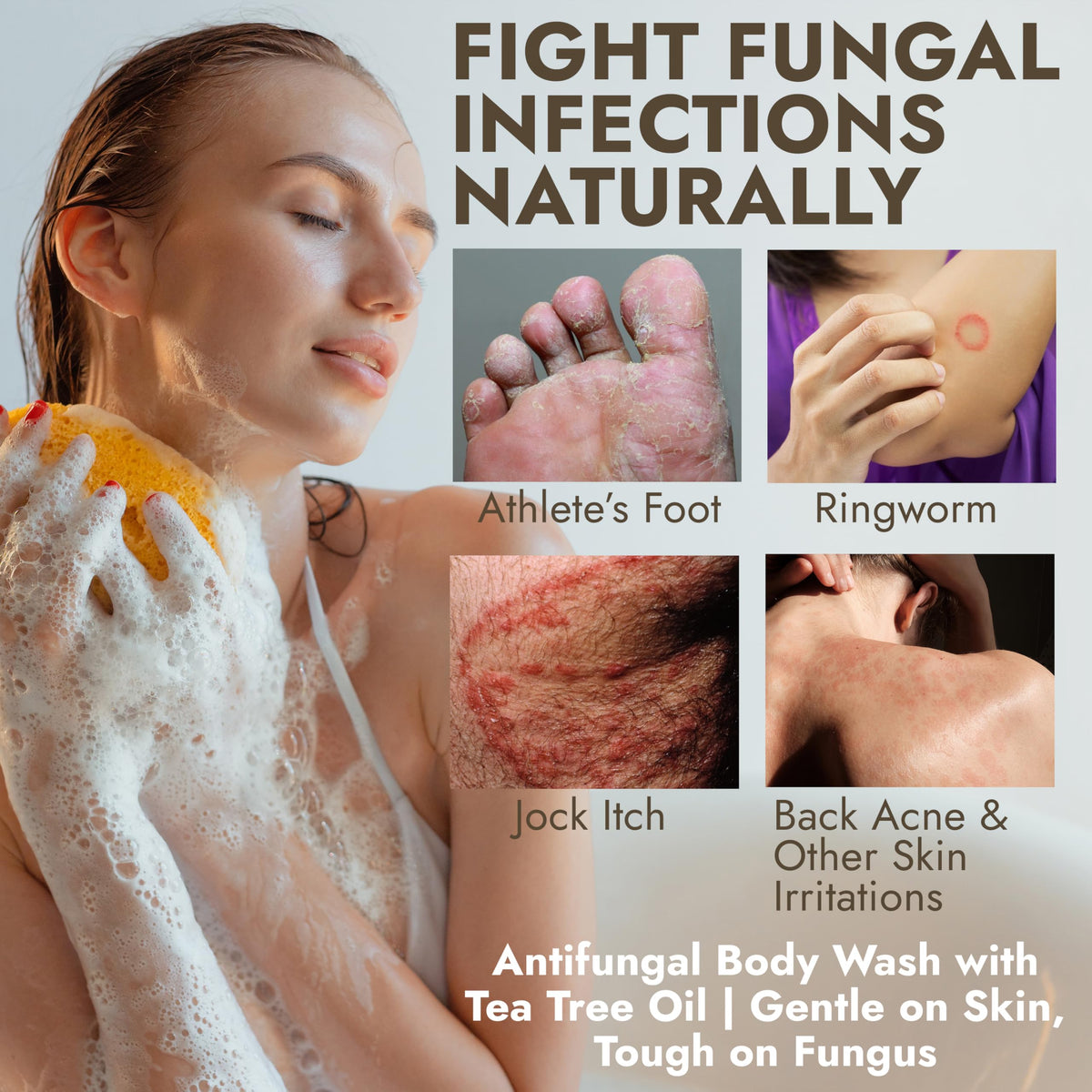Antifungal Body Wash with Tea Tree Oil for Ringworm & Jock Itch w/Scrubber Terramed Just Think Comfort