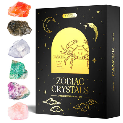 Wyspell Cancer Crystal Set - 6 Raw Cancer Crystals and Healing Stones - Cancer Zodiac Gifts for Women