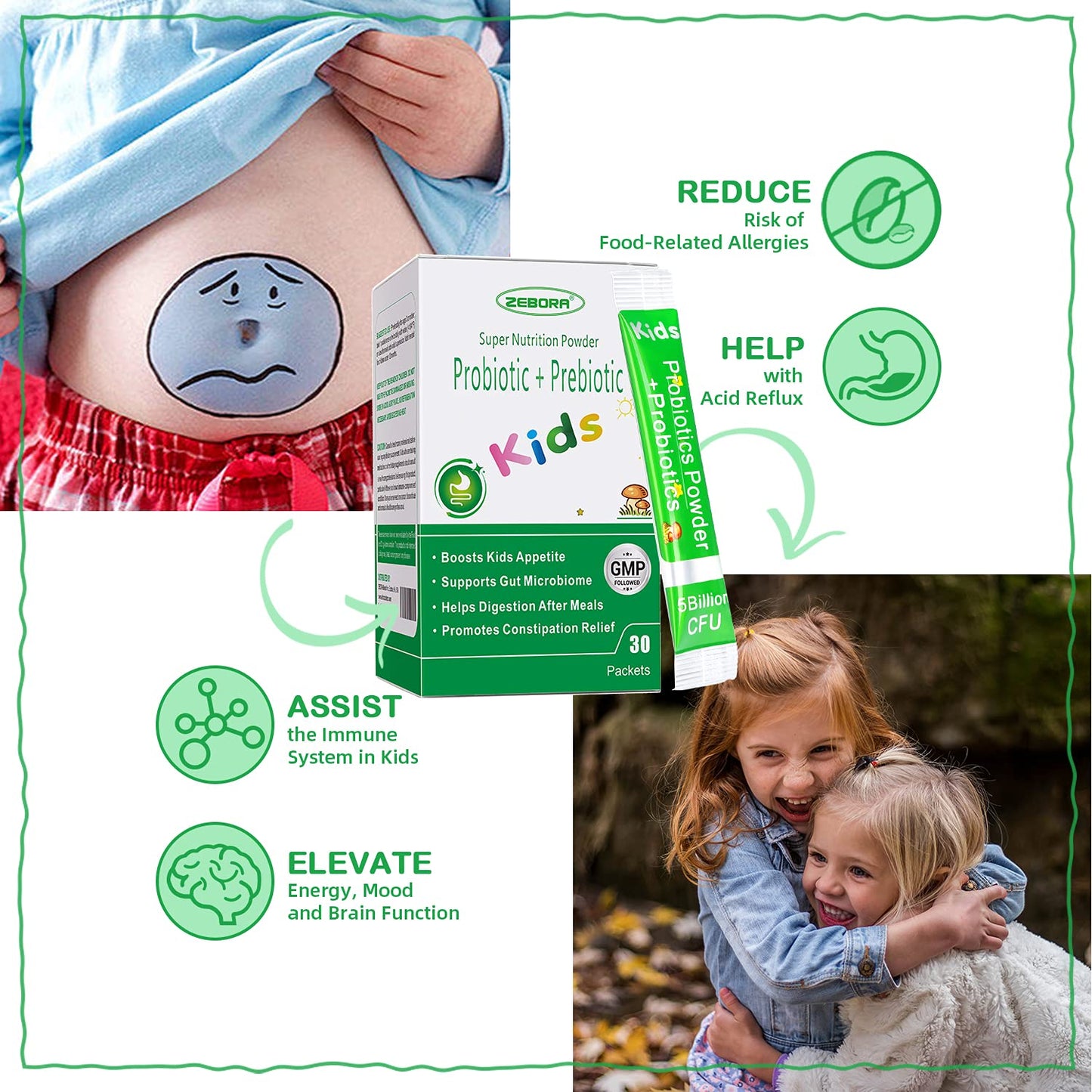 ZEBORA Kids Probiotic & Prebiotics Powder Age 3+ Support Children's Digestive & Immune System with Natural Source, Promotes Constipation Relief, Non-GMO ZEBORA