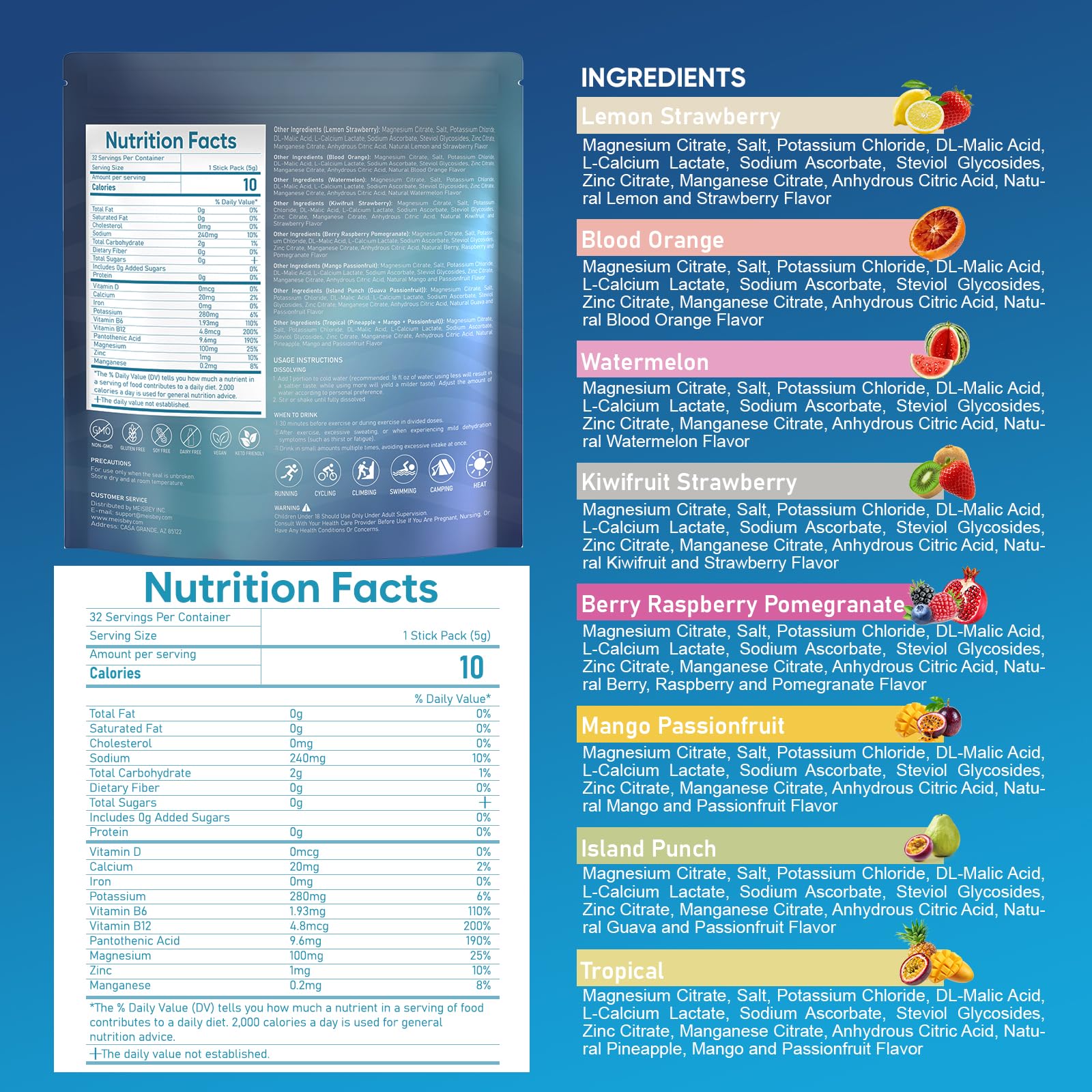Meisbey Electrolyte Powder Packets – 32 Sticks Sugar Free Hydration Packets, Liquid Daily IV Electrolyte Hydration Powdered Drink Mix with Vitamins & Minerals, Keto Friendly, Vegan, Non-GMO Meisbey buy australia supplements