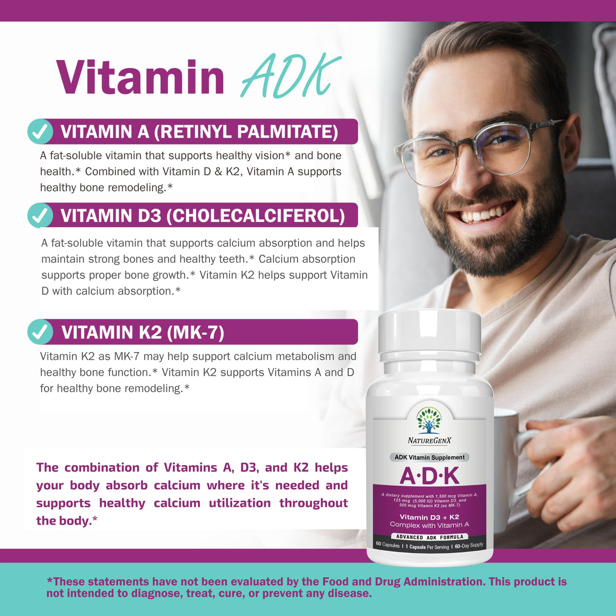 NatureGenX ADK Vitamin Supplement – Vitamins A, D3 & K2 MK-7 for Bone Health & Calcium Absorption – Gluten-Free, Non-GMO, Soy-Free NatureGenX