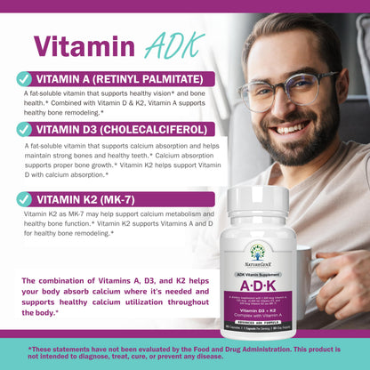 NatureGenX ADK Vitamin Supplement – Vitamins A, D3 & K2 MK-7 for Bone Health & Calcium Absorption – Gluten-Free, Non-GMO, Soy-Free NatureGenX