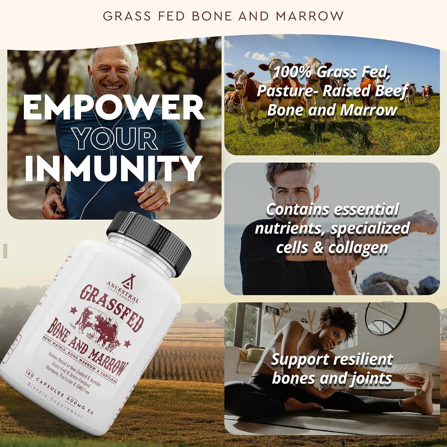 Ancestral Supplements Grass Fed Beef Bone and Marrow Supplement, 3000mg, Skin, Oral Health, and Joint Support Supplement, Promotes Whole-Body Wellness, Non GMO Whole Bone Extract, 180 Capsules