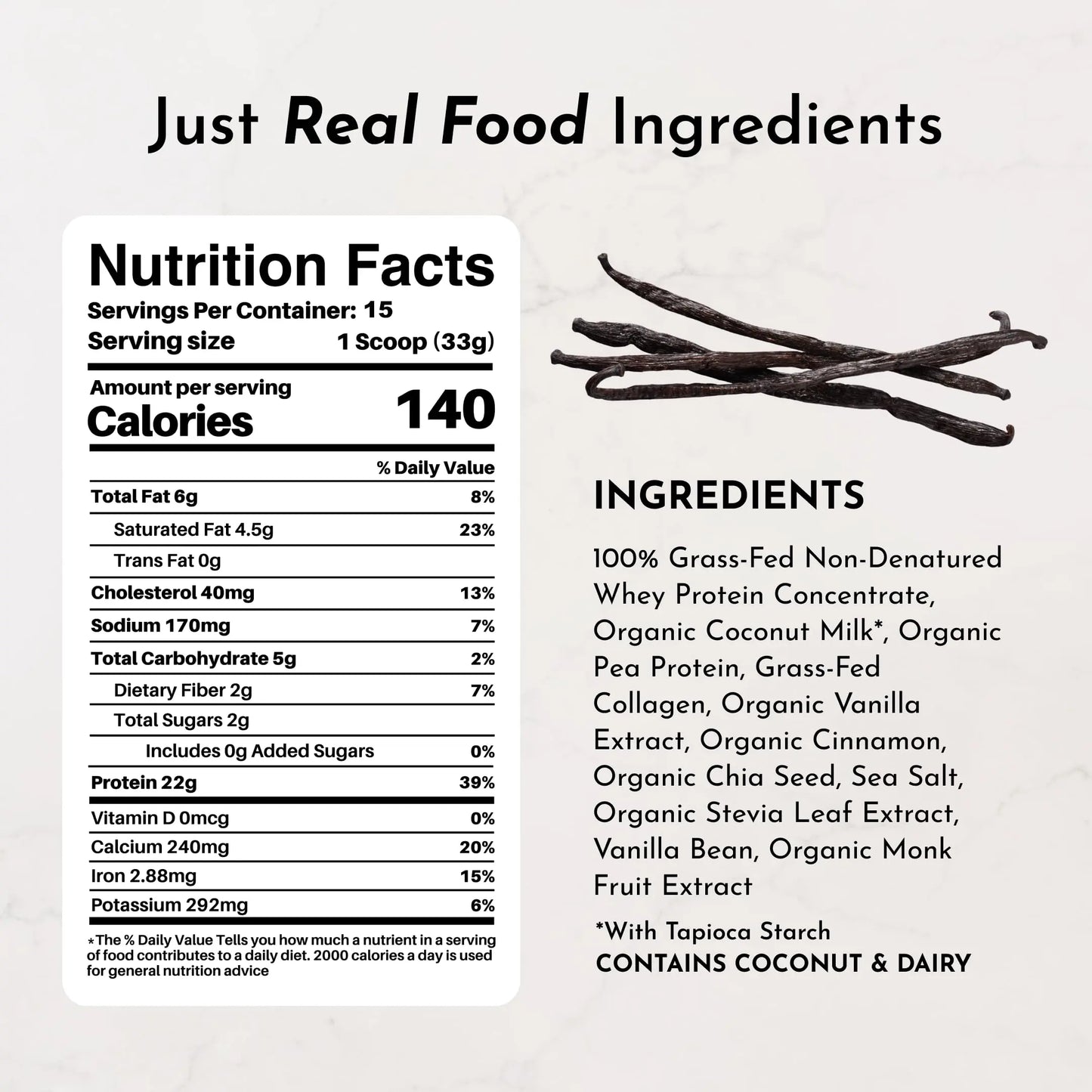 JUST INGREDIENTS Vanilla Protein Powder - Grass-Fed Whey Blend, Organic, Gluten Free, Dairy Free, Soy Free - 15 Servings, 22g Protein JUST INGREDIENTS
