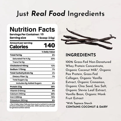 JUST INGREDIENTS Vanilla Protein Powder - Grass-Fed Whey Blend, Organic, Gluten Free, Dairy Free, Soy Free - 15 Servings, 22g Protein JUST INGREDIENTS