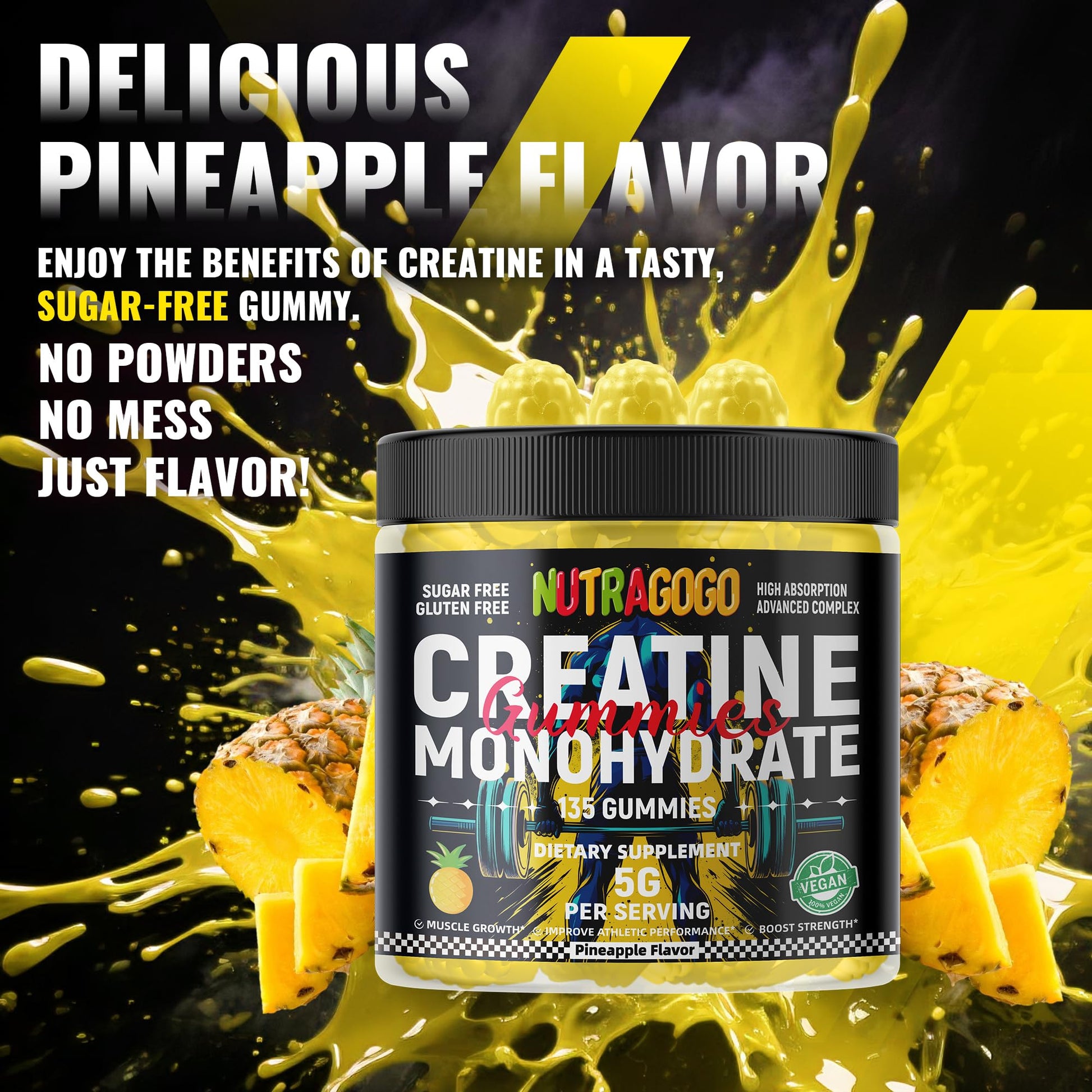 NUTRAGOGO NSF Certified Creatine Gummy - Creatine Monohydrate Gummies for Men & Women-5g of Creatine Monohydrate per Serving - Sugar Free,Vegan, Pineapple Electrolyte Chews, 135 Count NUTRAGOGO buy australia supplements