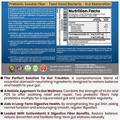 Perfect Gut: Inulin FOS Powder for Gut Health. Prebiotic Inulin. Unique Prebiotic 95% FOS Inulin Agave Fiber Kidney Restore