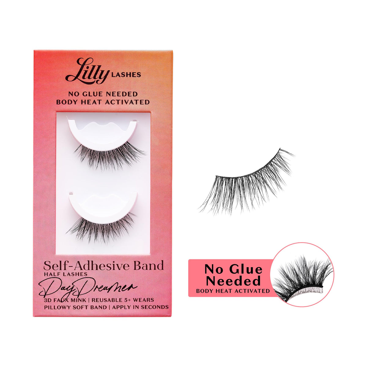 Lilly Lashes Self Adhesive Eyelashes (Half Lashes), No Lash Glue Needed, Body Heat Activated Press on Lashes, Reusable Self Adhesive Eyelashes Up to 5x, Easy to Apply & Remove (DayDreamer) Lilly Lashes