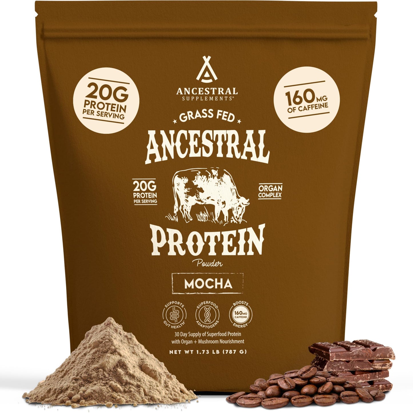 Ancestral Supplements Grass Fed Protein Powder, Chocolate, Beef Bone Broth Based w/Beef Organs & Organic Mushrooms, Gut Health Support, High Protein Supplement, 20g Protein Per Serving, 30 Day Supply