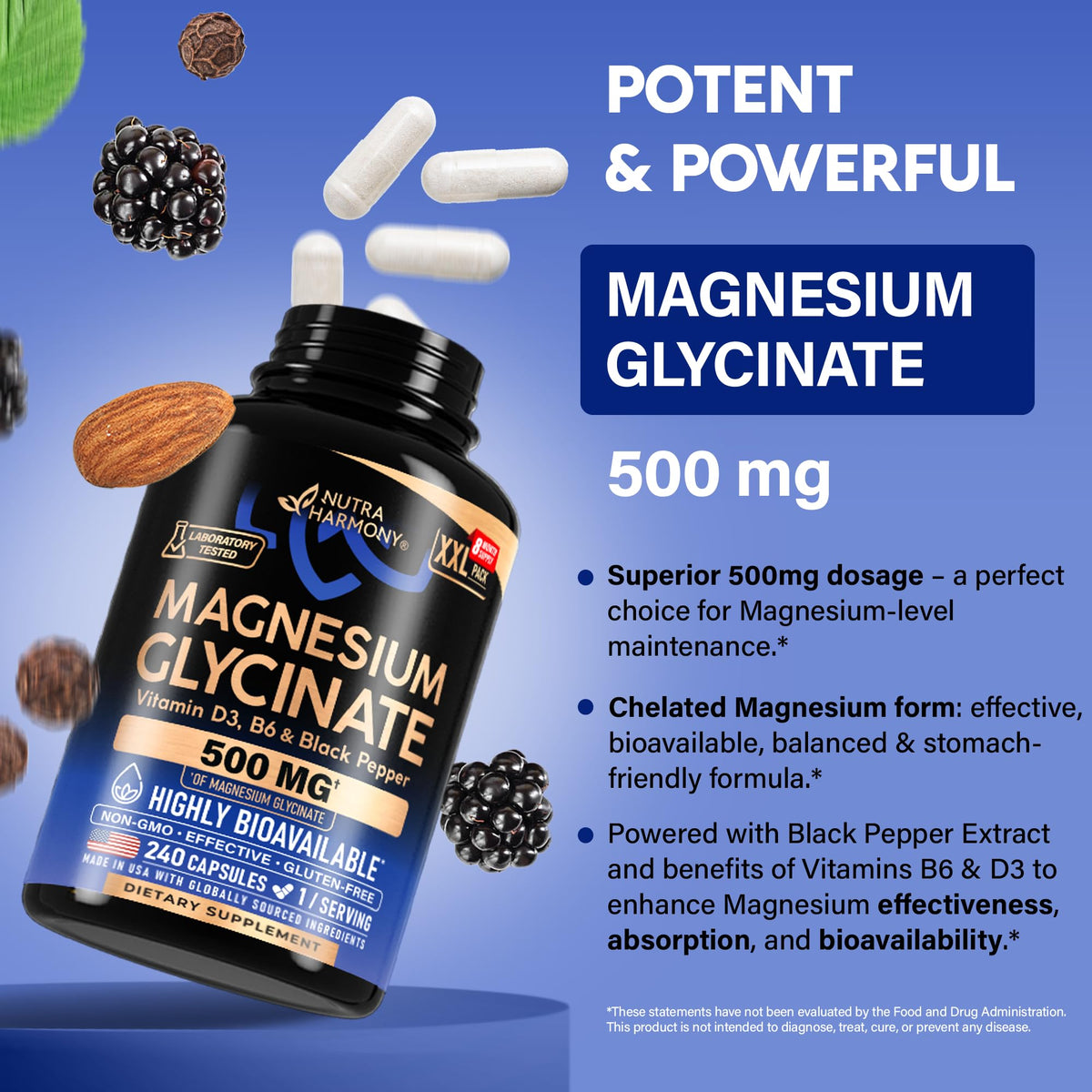 Magnesium Glycinate 500 mg - Chelated Supplement - High Absorption Form of Magnesium - Support for Sleep, Muscle & Heart Health NUTRAHARMONY