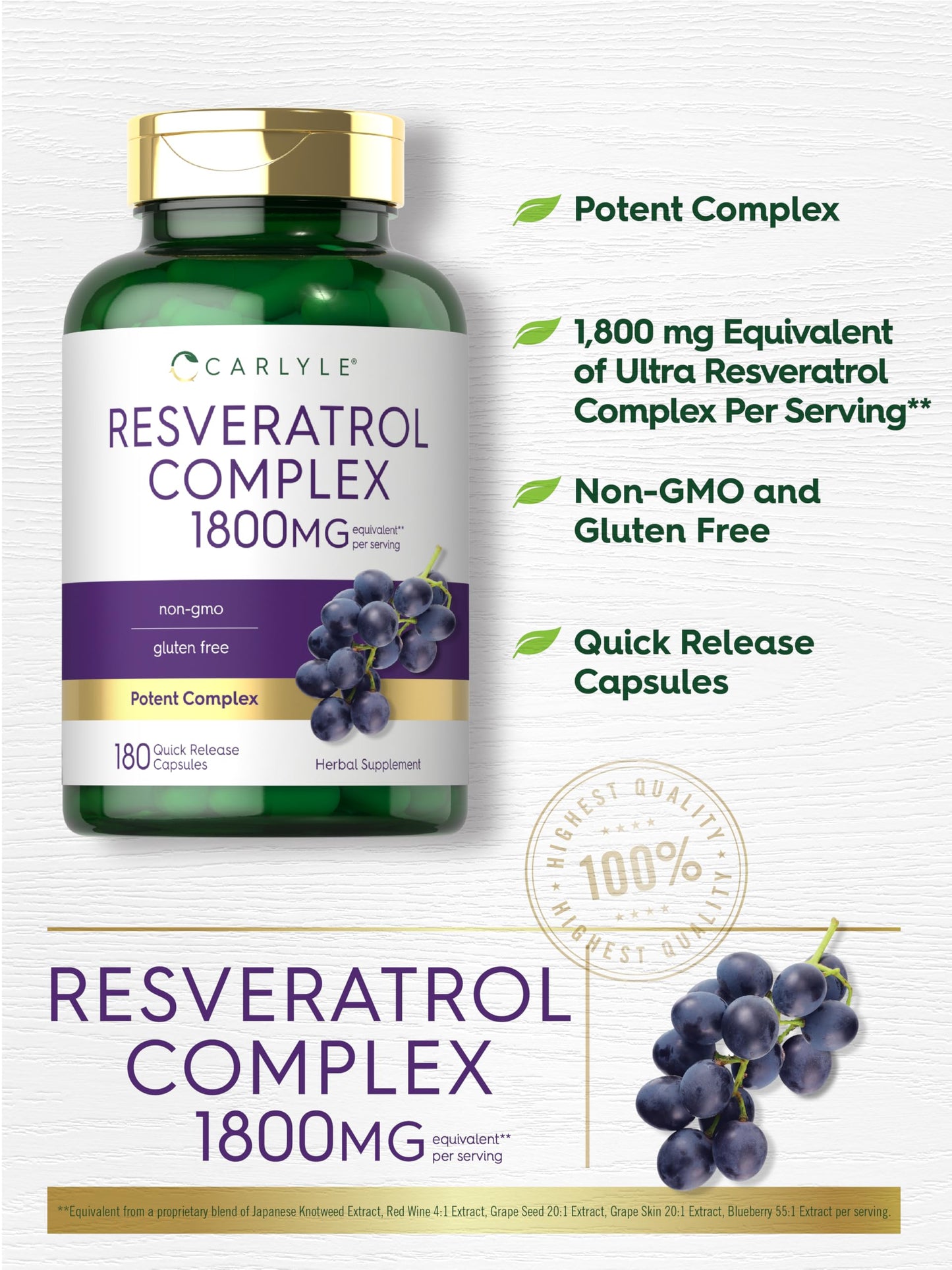 Carlyle Resveratrol Complex - 180 Capsules - Trans Resveratrol Supplement with Grape Seed Extract - Non GMO, Gluten Free Carlyle