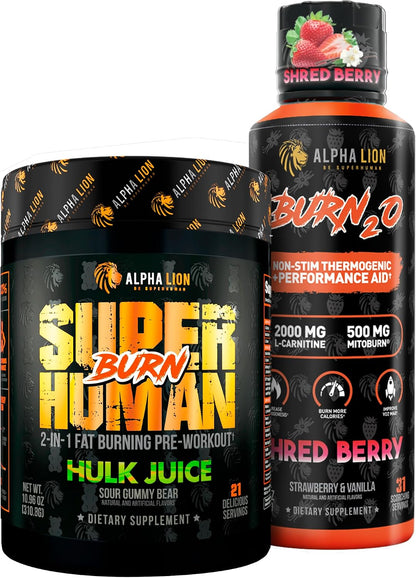 ALPHA LION Stubborn Fat Loss Stack – Superhuman Burn Pre Workout + Burn2O Liquid L-Carnitine 2000mg (ShredBerry) – 2-in-1 Thermogenic Fat Burning Stack for Men & Women