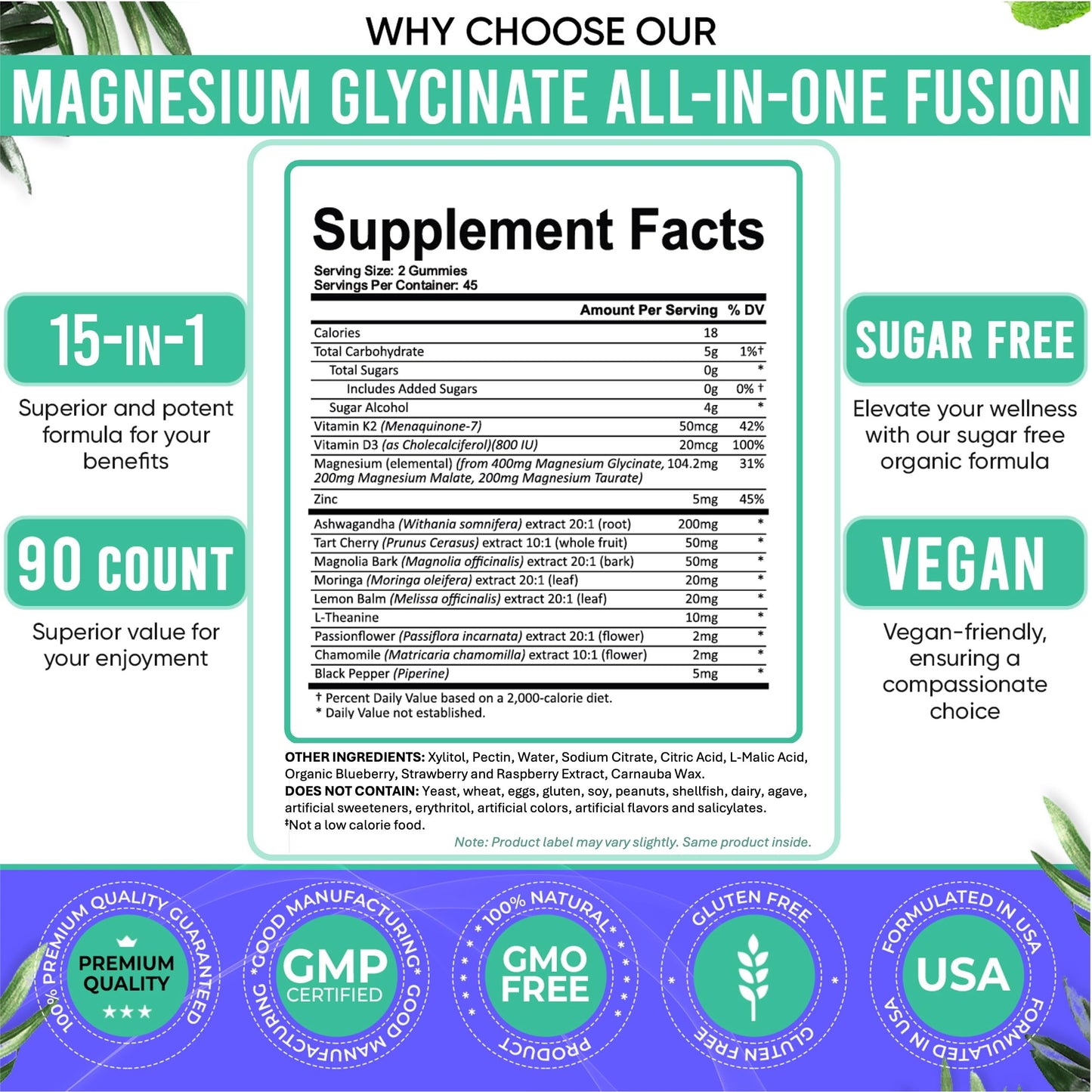 Adndale Magnesium Glycinate 400 mg Gummies with Ashwagandha, Magnesium Malate & Taurate, Tart Cherry, Magnolia Bark, Lemon Balm, Passionflower Adndale