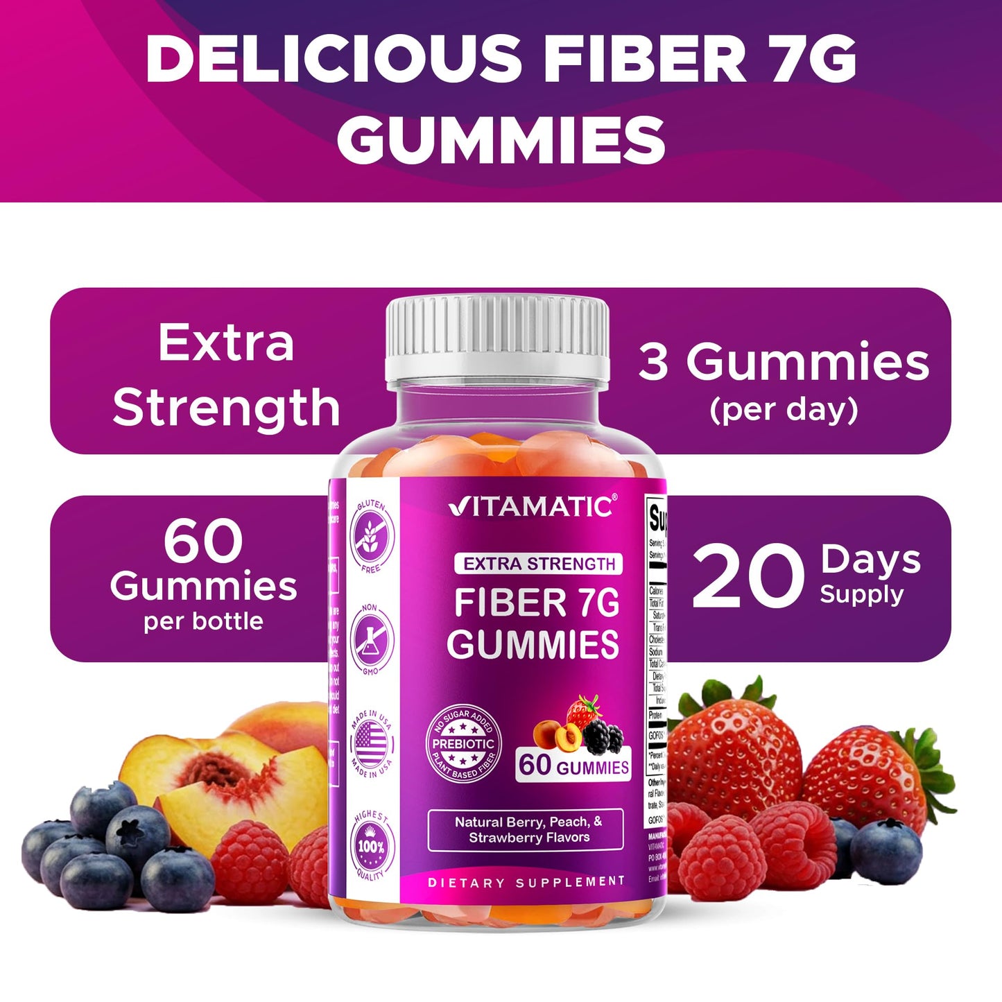 Vitamatic Prebiotic Fiber Gummies for Adults – 2 Pack (Total 120 Gummies) 7g Fiber per Serving | Extra Strength | Zero Sugar Added | Pectin-Based Vitamatic