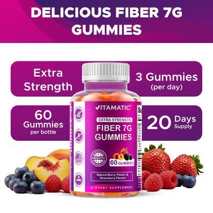 Vitamatic Prebiotic Fiber Gummies for Adults – 2 Pack (Total 120 Gummies) 7g Fiber per Serving | Extra Strength | Zero Sugar Added | Pectin-Based Vitamatic