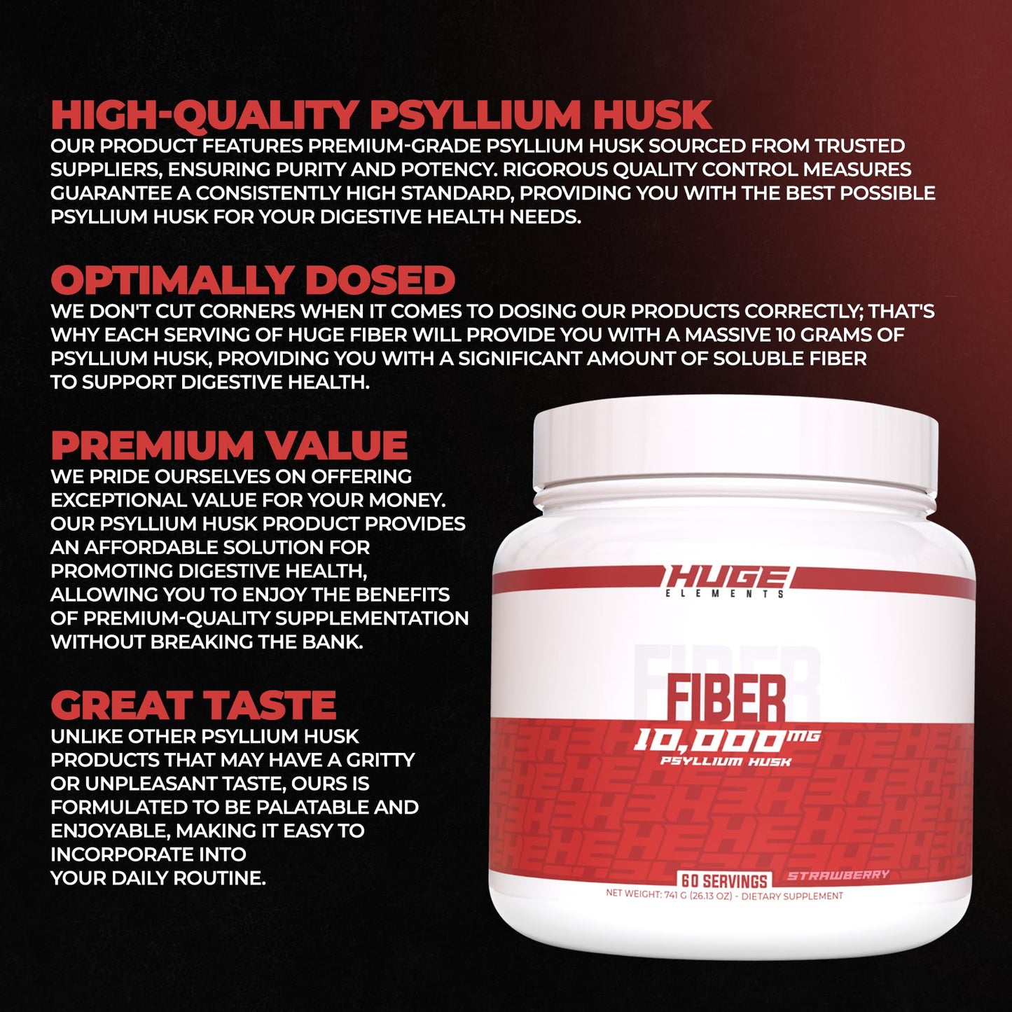 Huge Supplements Fiber, 10 Grams of Premium Psyllium Husk Powder, Soluble Fiber for Digestive Health & Functions, Natural Prebiotic with Delicious Flavors (60 Servings) (Peach)
