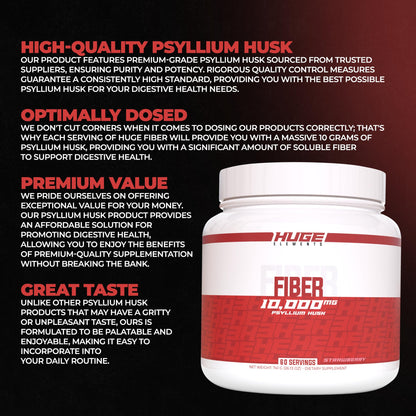 Huge Supplements Fiber, 10 Grams of Premium Psyllium Husk Powder, Soluble Fiber for Digestive Health & Functions, Natural Prebiotic with Delicious Flavors (60 Servings) (Peach)