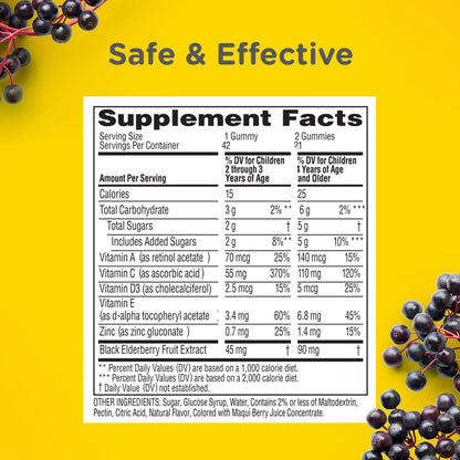 Zarbee’s Kids Elderberry Immune Support Supplement Gummies, Vitamins A C D3 E & Zinc, Elderberry Extract, Gluten & Gelatin Free Zarbee's