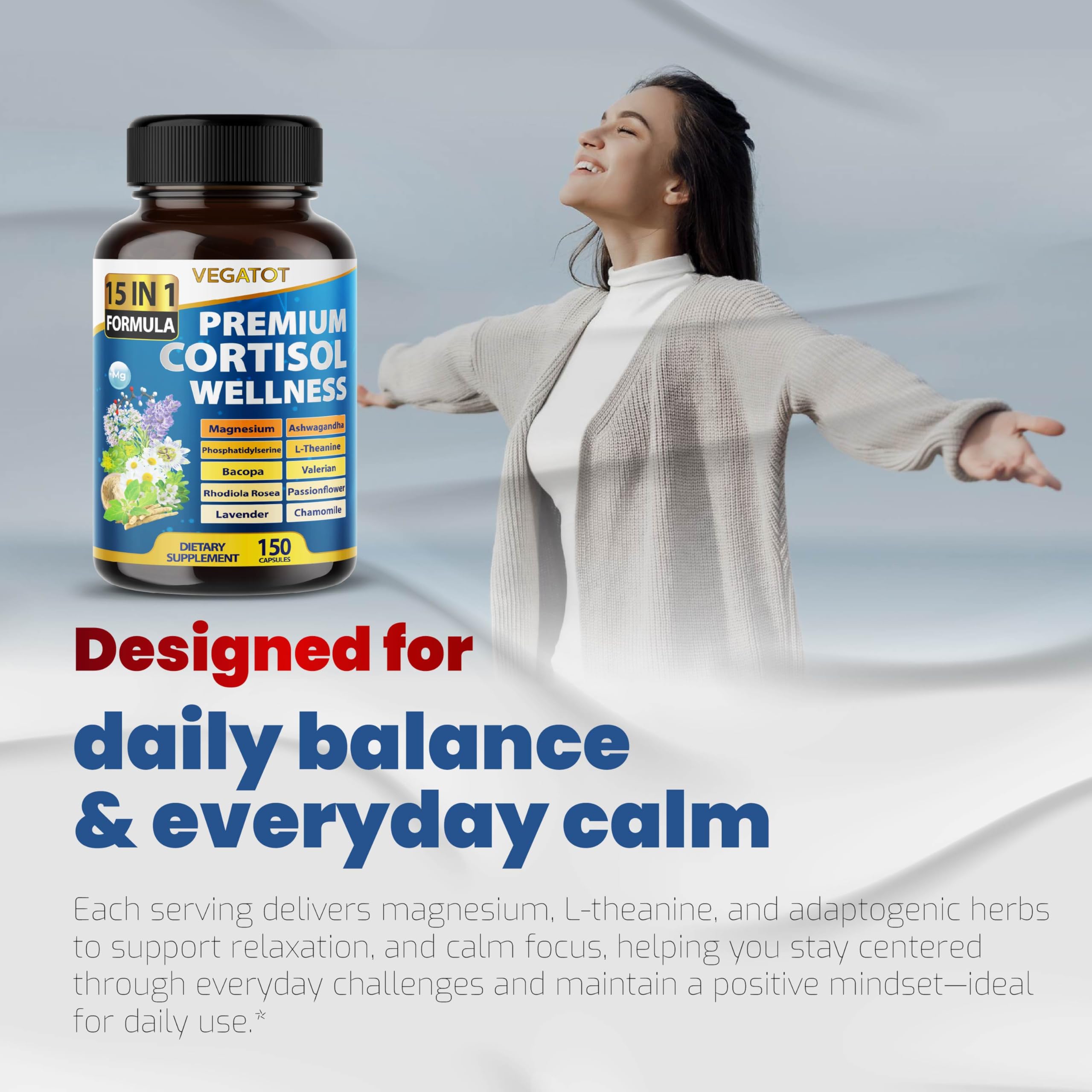 VEGATOT Organic Cortisol Wellness Complex 15-in-1 Formula with Magnesium Ashwagandha St. John's Wort Valerian Rhodiola Rosea Passionflower Chamomile VEGATOT buy australia supplements