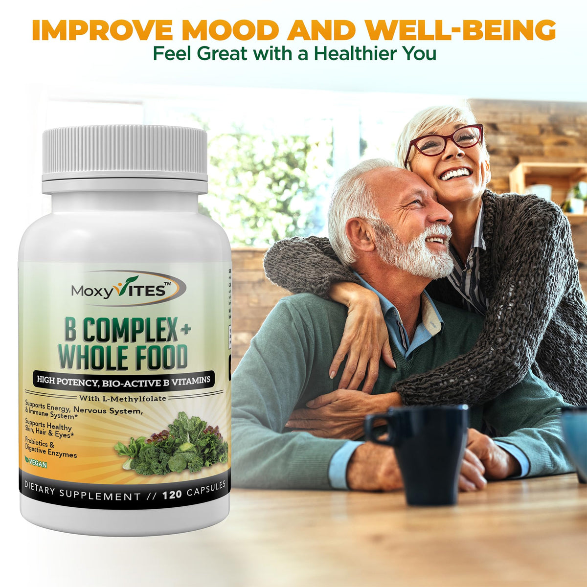 MoxyVites Vitamin B Complex - B Vitamins Whole Food Supplement, B12 Methylcobalamin, B1, B2, B3, B5, B6, B7, B9 - for Stress MoxyVites