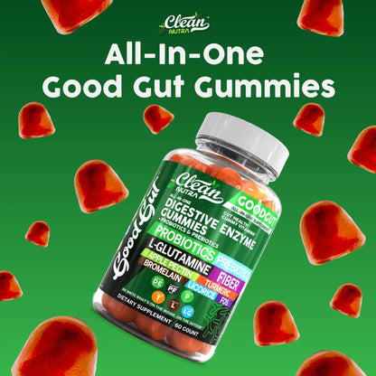 Clean Nutraceuticals Digestive Enzymes with Probiotics & Prebiotics for Digestive Health Gummies & L-Glutamine for Gut Health Bromelain Apple Pectin Inulin FOS Plant Clean Nutraceuticals