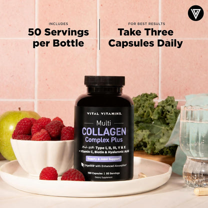 Vital Vitamins Multi Collagen Complex Plus Biotin, Hyaluronic Acid & VIT. C | Hair, Skin, & Nails Supplements for Women and Men, 5 Collagen Types I II III V & X, 150 Capsules Gsupps Australia
