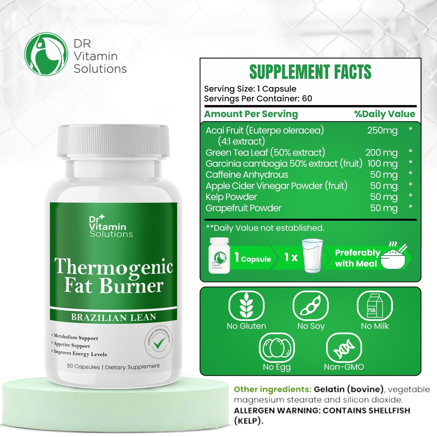 Thermogenic Fat Burner Brazilian Lean, Pills for Women, Waist Trimmer & Supplements for Bloating for Women & Men, 60 Capsules DR VITAMIN SOLUTIONS