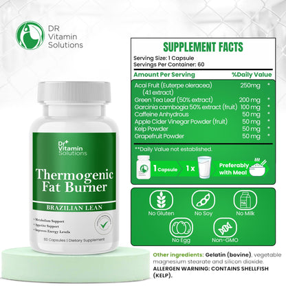 Thermogenic Fat Burner Brazilian Lean, Pills for Women, Waist Trimmer & Supplements for Bloating for Women & Men, 60 Capsules DR VITAMIN SOLUTIONS
