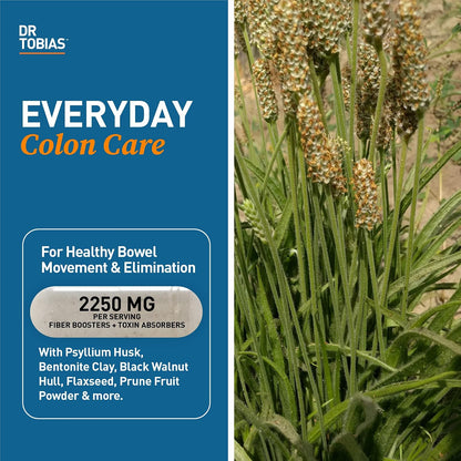 Dr. Tobias Psyllium Daily, Supports Healthy Bowel Movement, Psyllium Husk Capsules with Bentonite Clay, Flaxseed & Natural Ingredients, Daily Fiber Supplement in Support of Colon Health, 180 Capsules