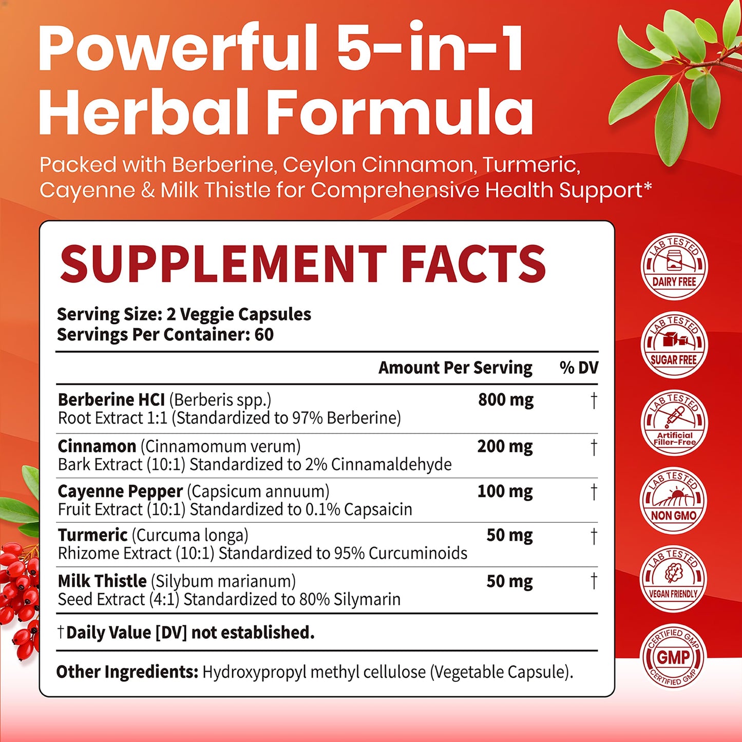 VEV Berberine Supplement with Ceylon Cinnamon, Cayenne Pepper, Turmeric, Milk Thistle, Vegan & Non-GMO – 120 Capsules VEV