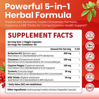 VEV Berberine Supplement with Ceylon Cinnamon, Cayenne Pepper, Turmeric, Milk Thistle, Vegan & Non-GMO – 120 Capsules VEV