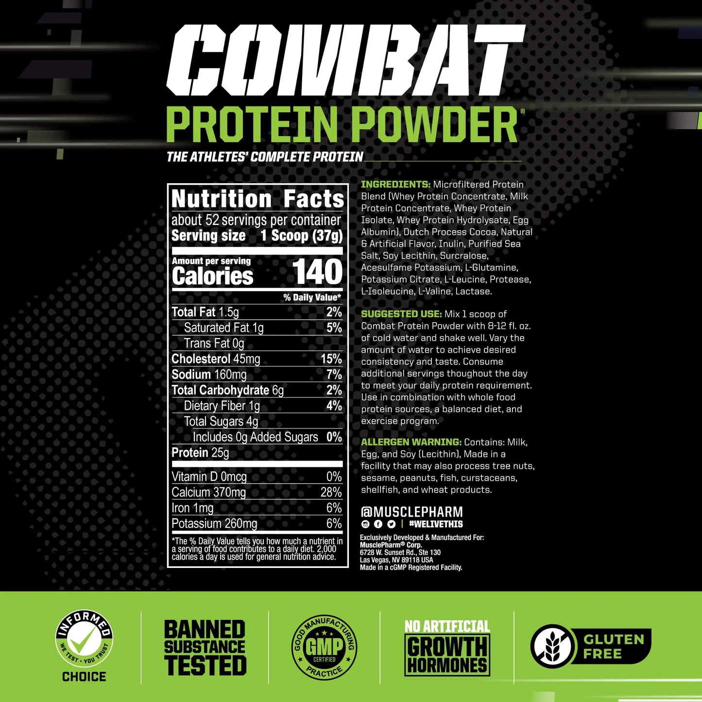 MusclePharm Combat Protein Powder, Chocolate Milk Flavor, Fuels Muscles for Productive Workouts, 5 Protein Sources including Whey Protein Isolate & Egg Albumin, Gluten Free, 4.2 lb, 52 Servings Muscle Pharm