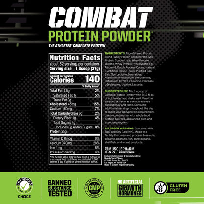 MusclePharm Combat Protein Powder, Chocolate Milk Flavor, Fuels Muscles for Productive Workouts, 5 Protein Sources including Whey Protein Isolate & Egg Albumin, Gluten Free, 4.2 lb, 52 Servings Muscle Pharm